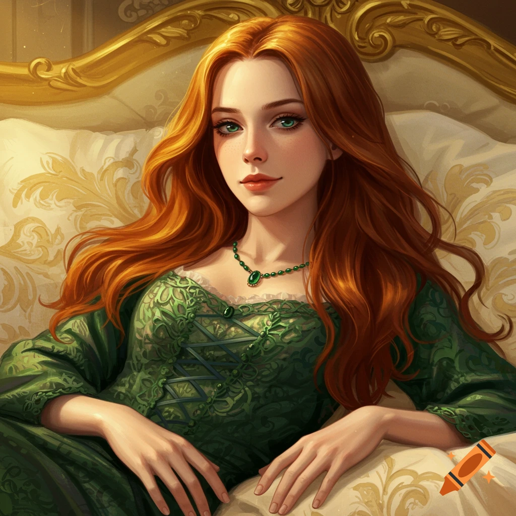 A red-haired woman in a green dress lies on a detailed bed.