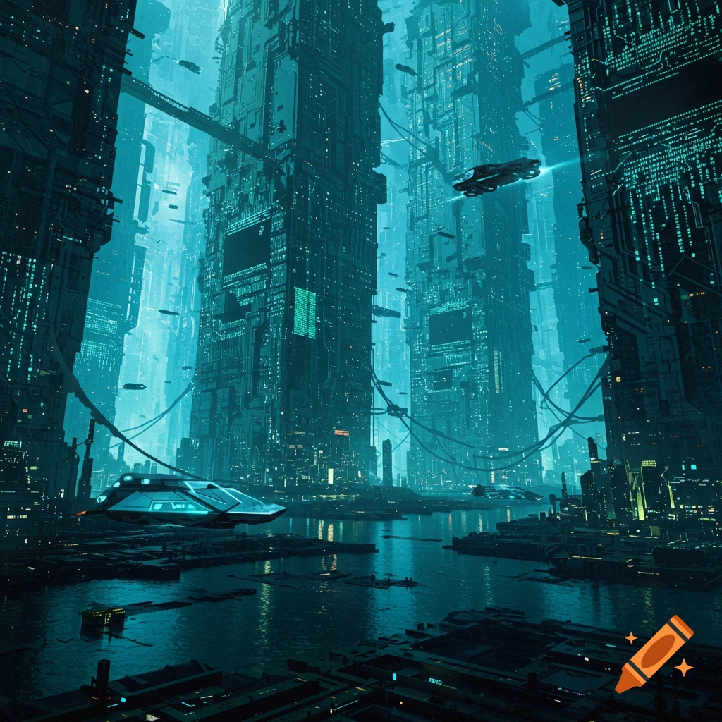 A futuristic city featuring towering structures resembling computer mainframes, flying vehicles, and a prominent waterway.