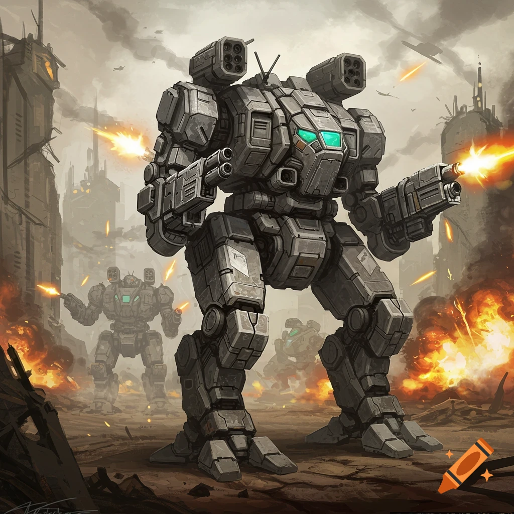 Large mechs battling in a ruined city.