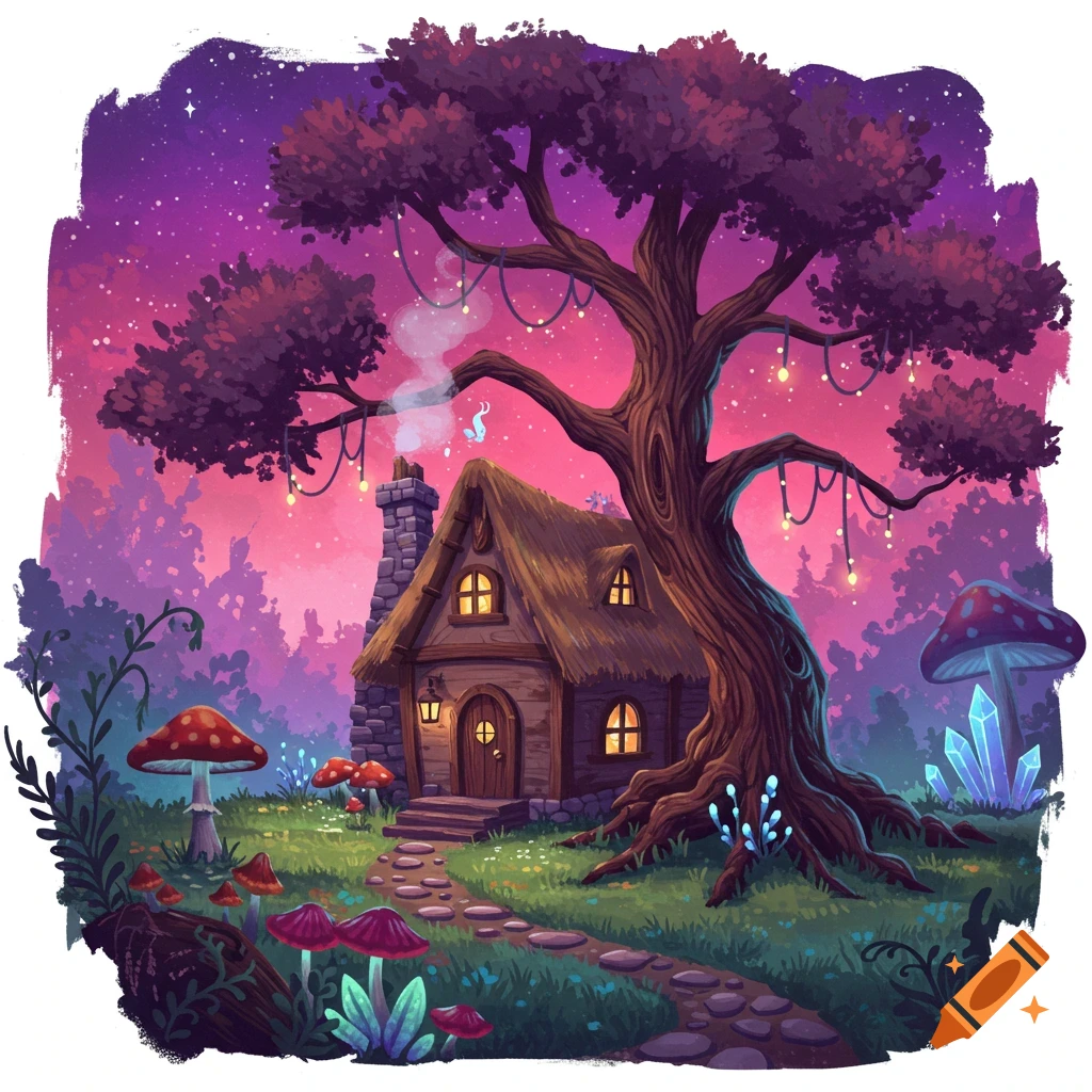 A fantasy cottage sits next to a large tree adorned with string lights, surrounded by mushrooms under a starry sky.