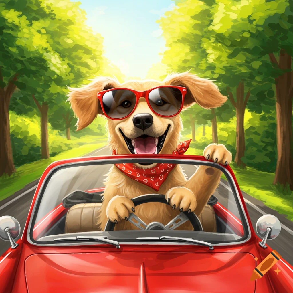 A happy golden retriever wearing sunglasses and a red bandana drives a red convertible down a sunny road.