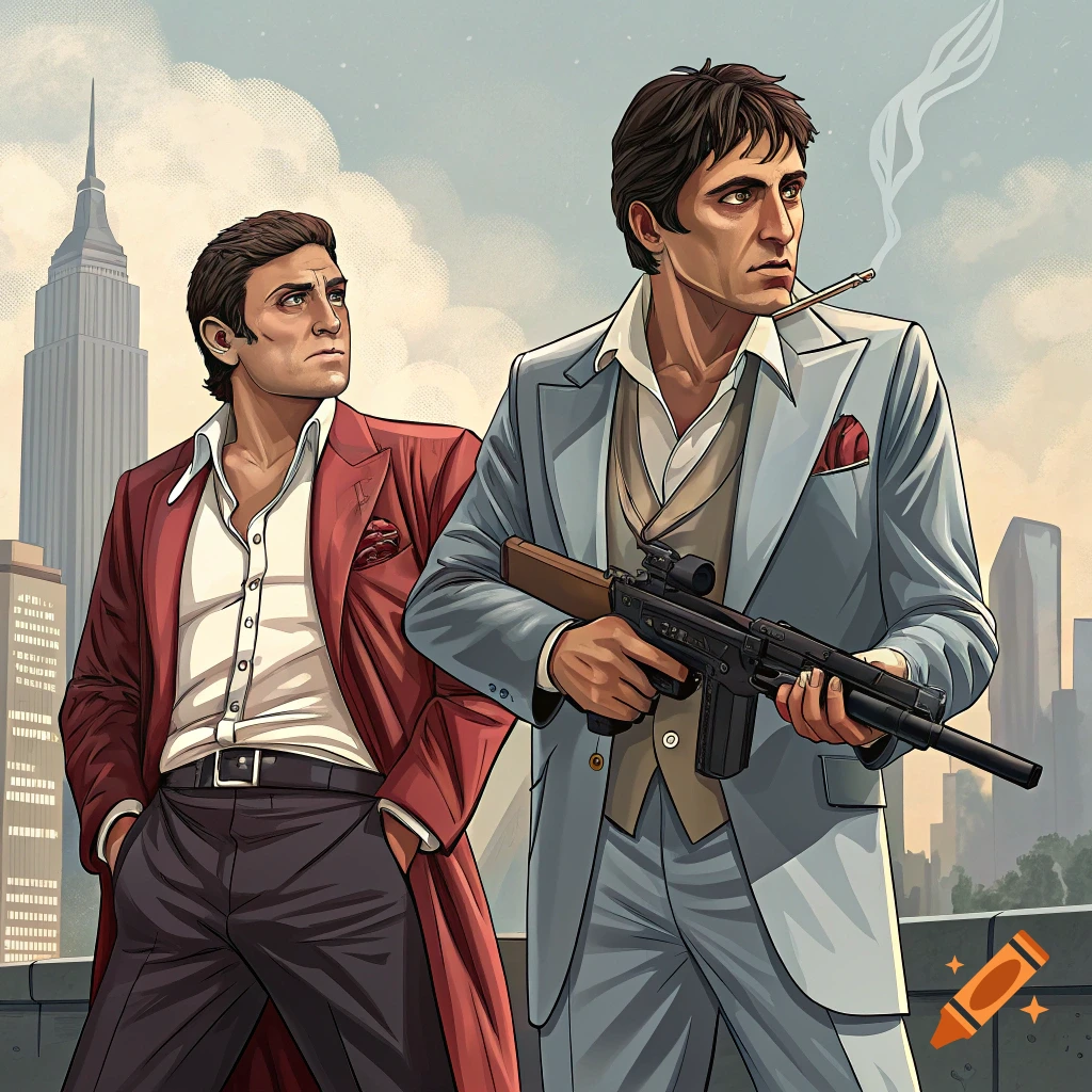 Illustrative portrait of two men resembling gangsters on a city rooftop, one holding a rifle.