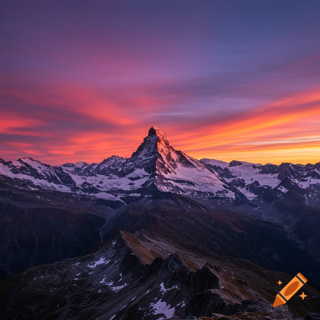 Photorealistic sunrise over a prominent mountain peak