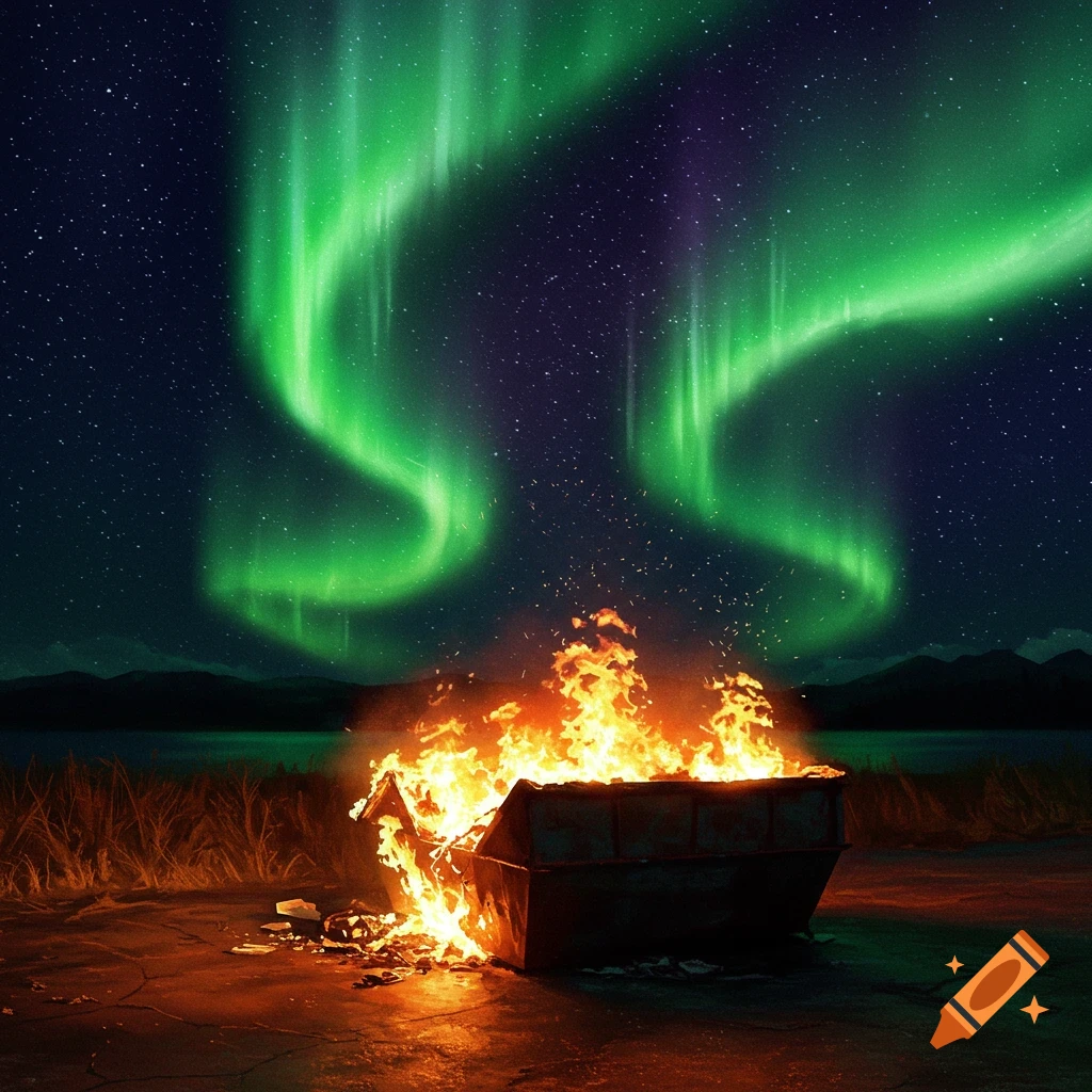 A dumpster fire burns under vibrant green northern lights.