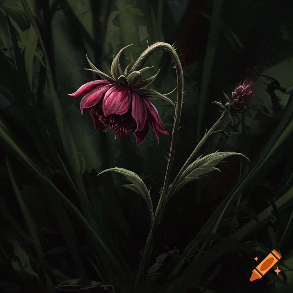 A thorny dark pink flower bending down amongst dark green leaves.