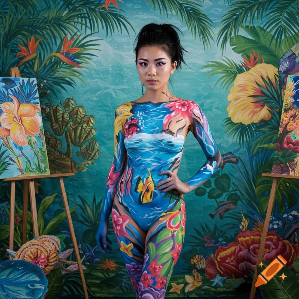 Woman with tropical body paint standing in front of a painted backdrop and easels.