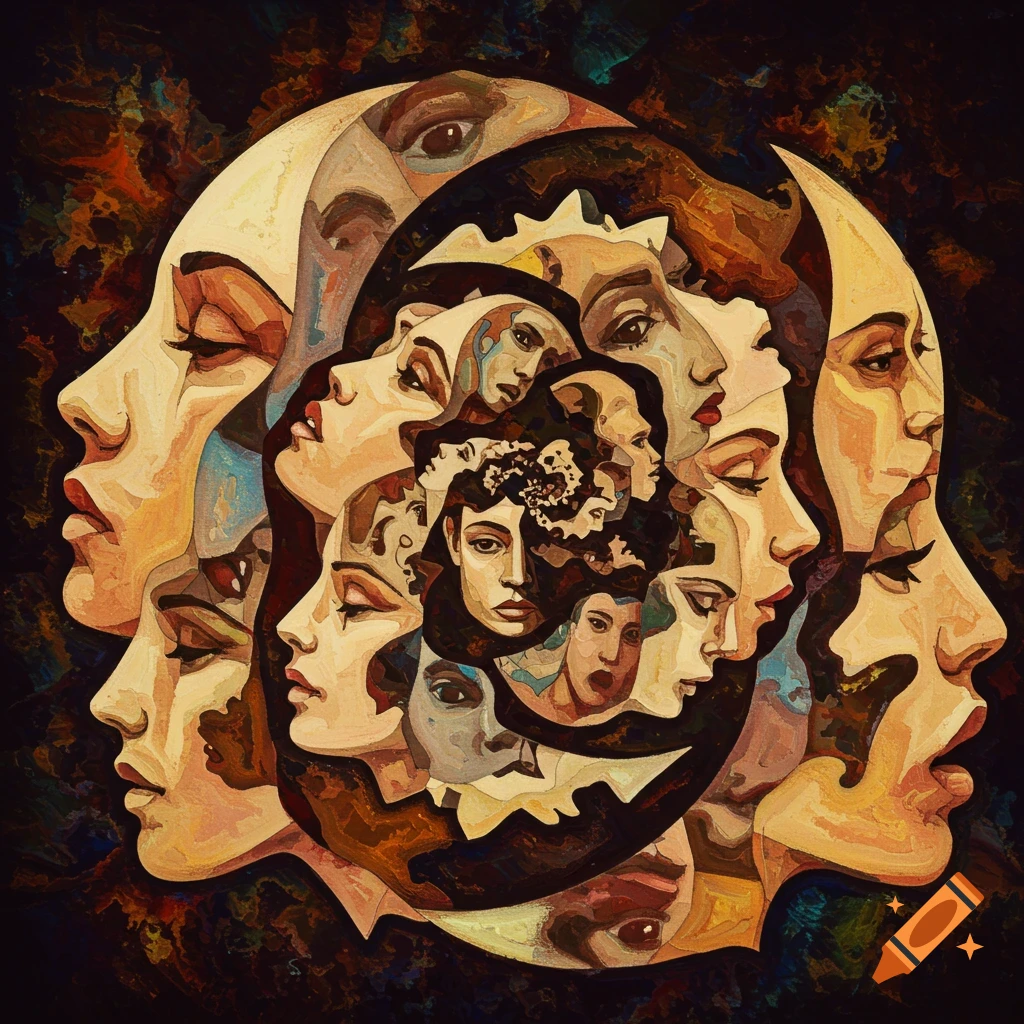 Abstract image of multiple human faces arranged in a spiral form.