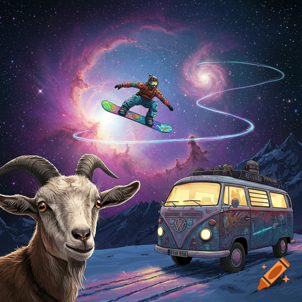 A goat watches a snowboarder jumping in space next to a detailed van, digital art.
