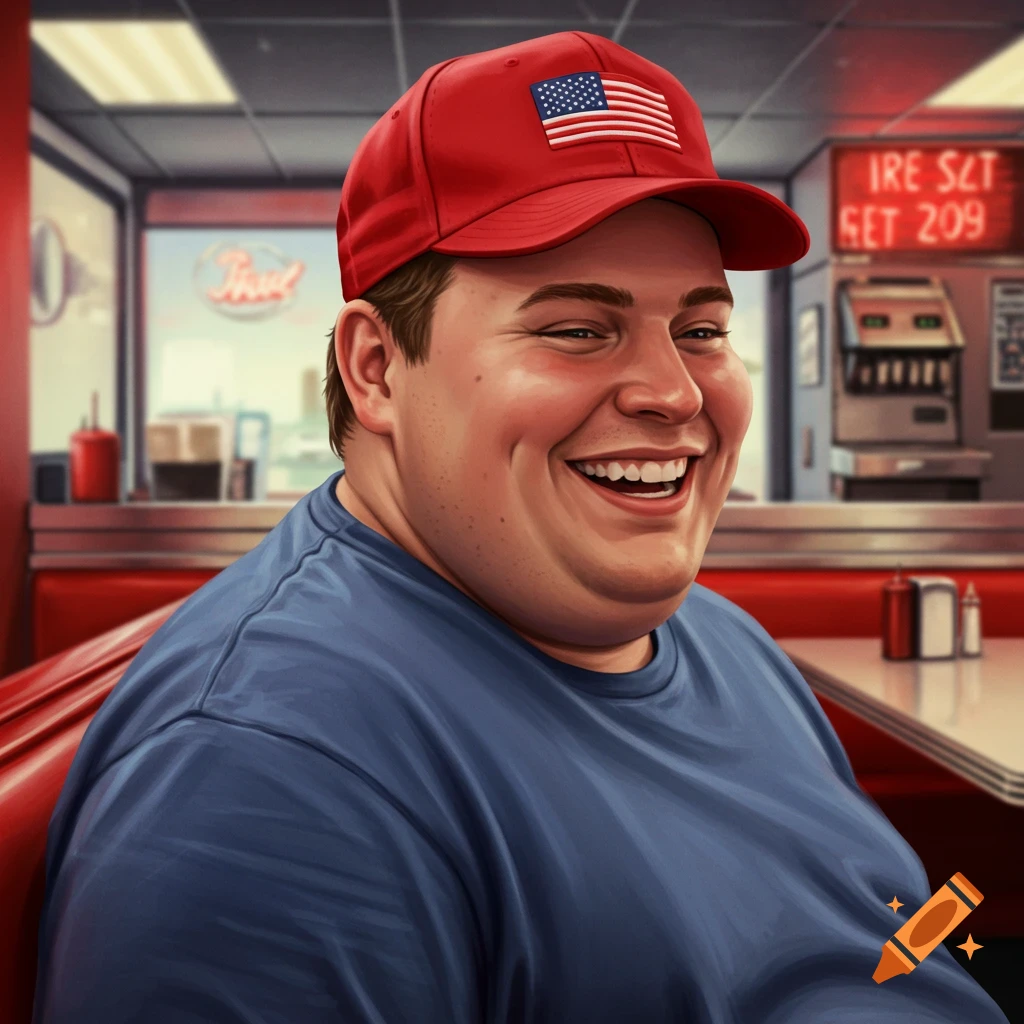A man smiles in a diner, wearing a red hat with an American flag. on ...