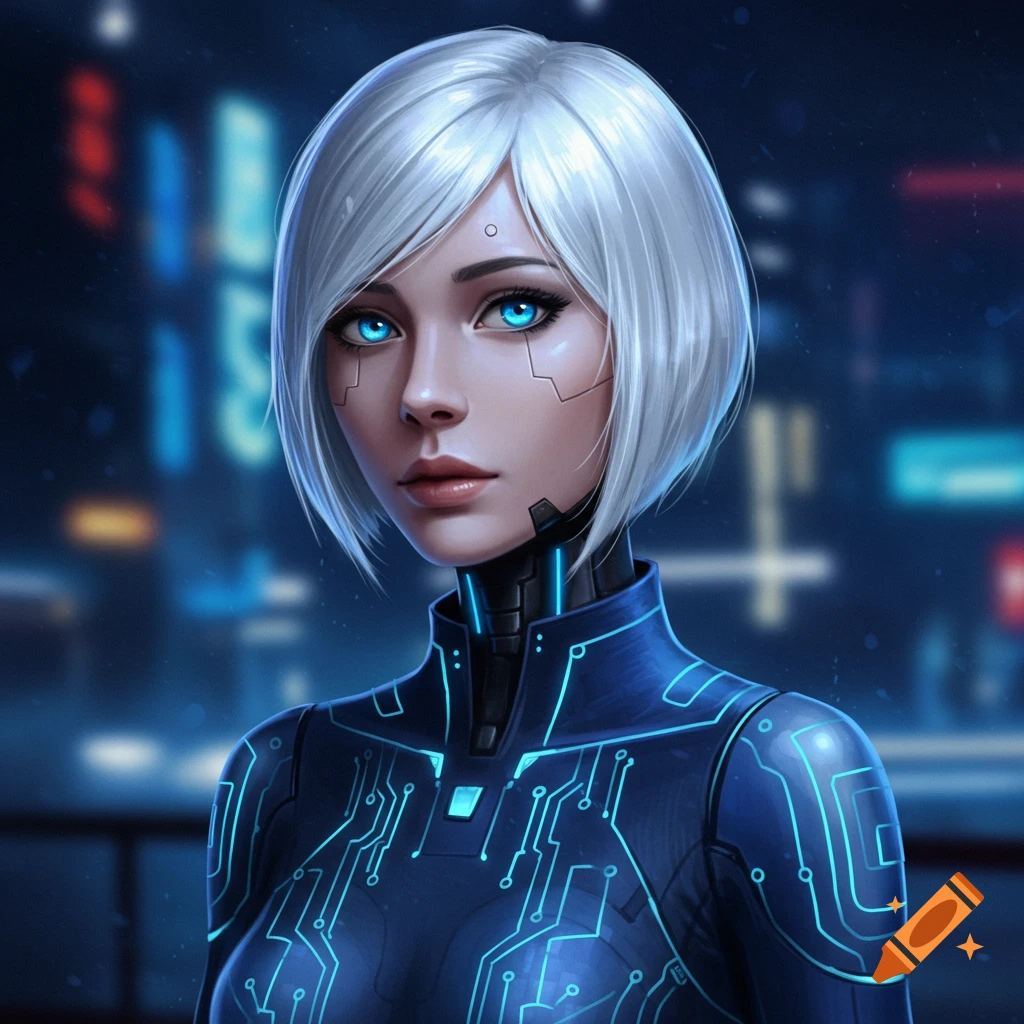 A woman with white hair and glowing blue eyes in a circuit-patterned suit.