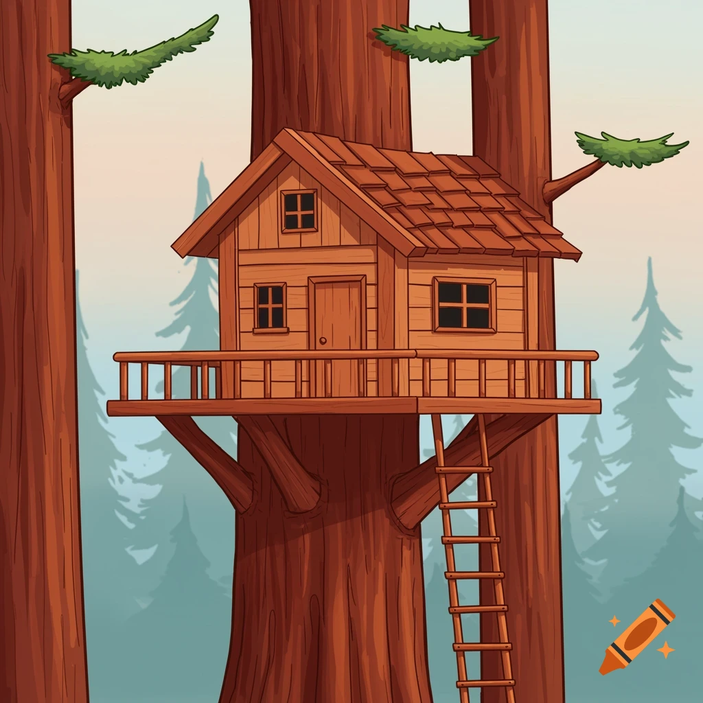 A cartoon illustration of a whimsical treehouse nestled in a large tree.