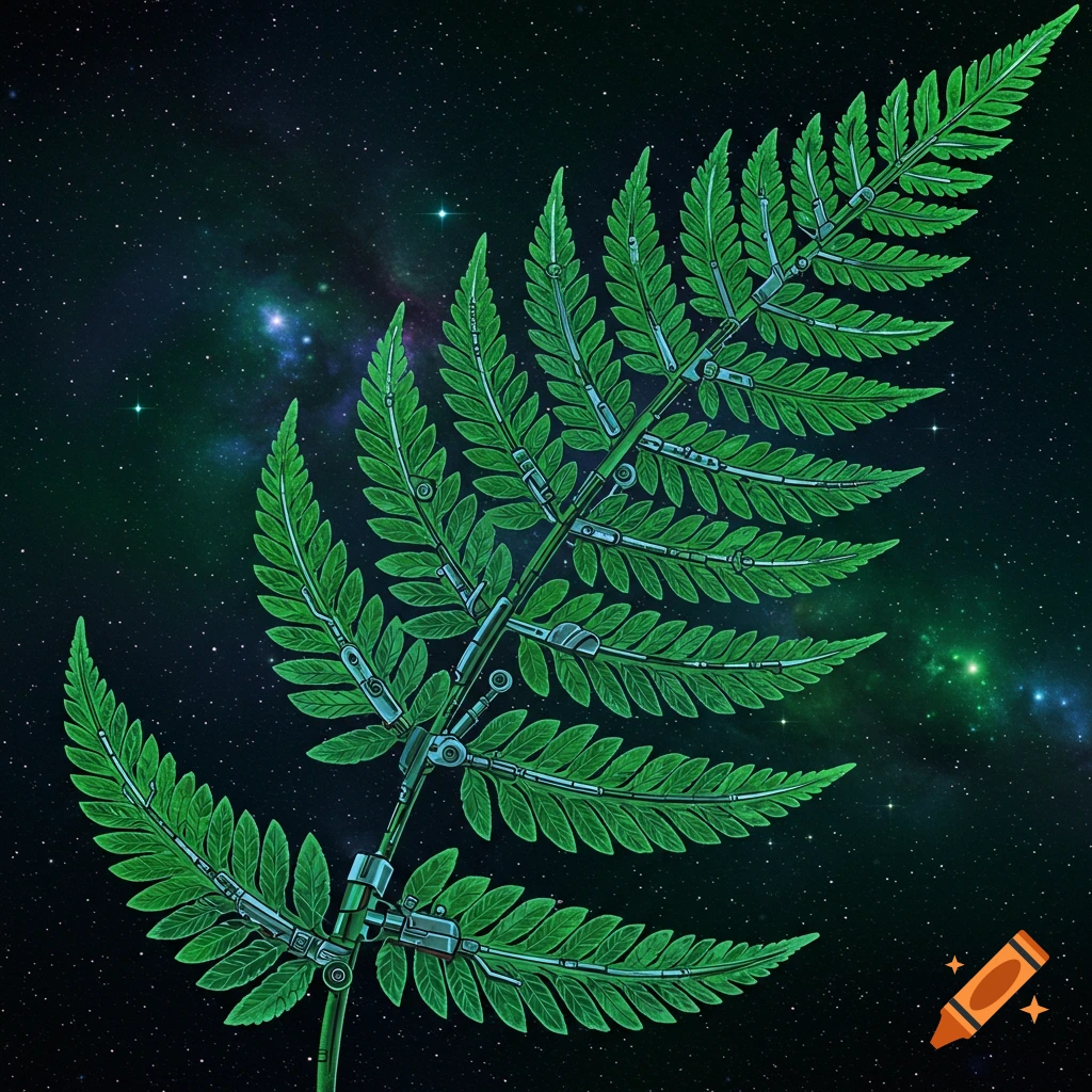 A fern leaf made of mechanical sci-fi parts against a starry space background.