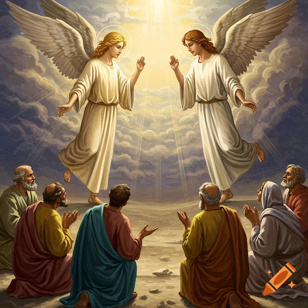 Two angels descending from the sky towards kneeling figures below