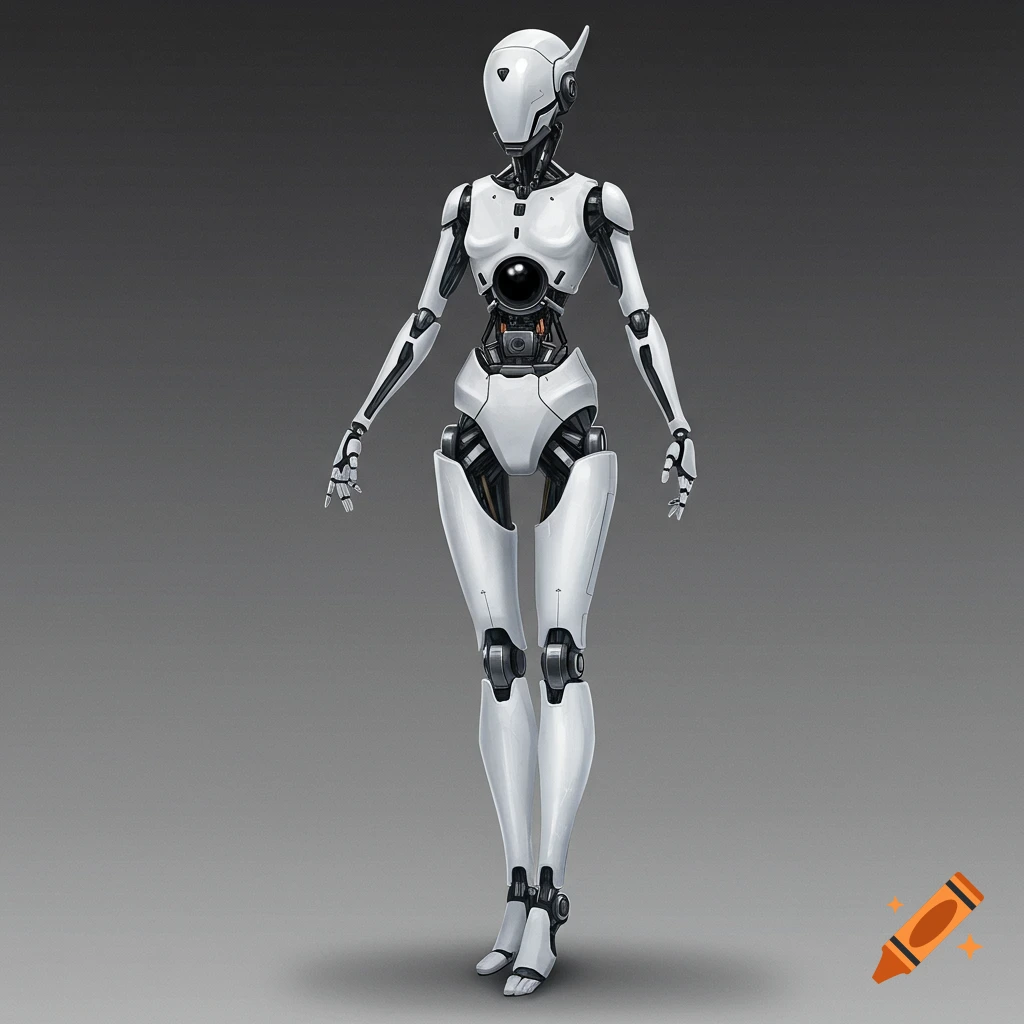 A white humanoid robot stands against a grey background, detailed rendering.