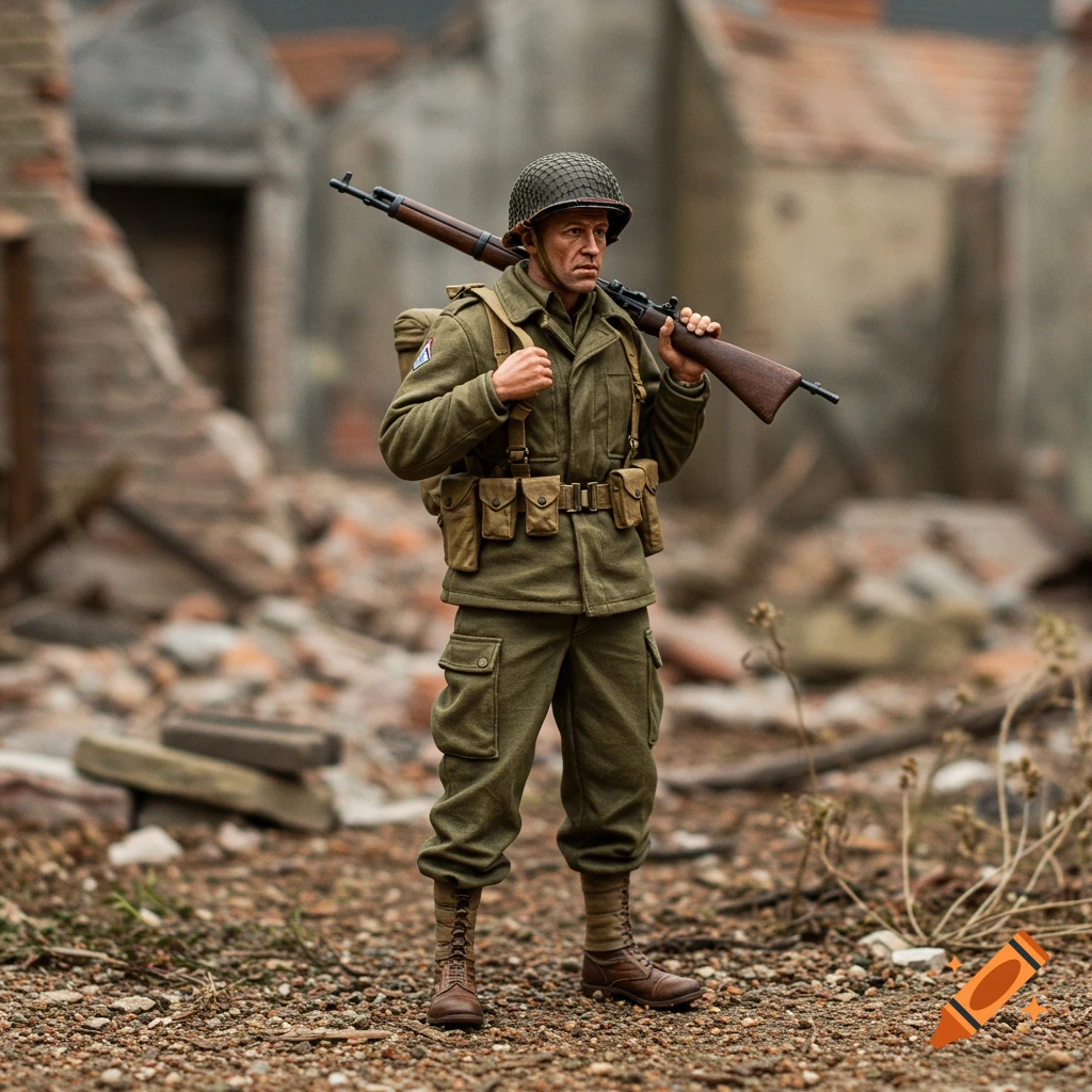 A soldier stands in ruins carrying a rifle.