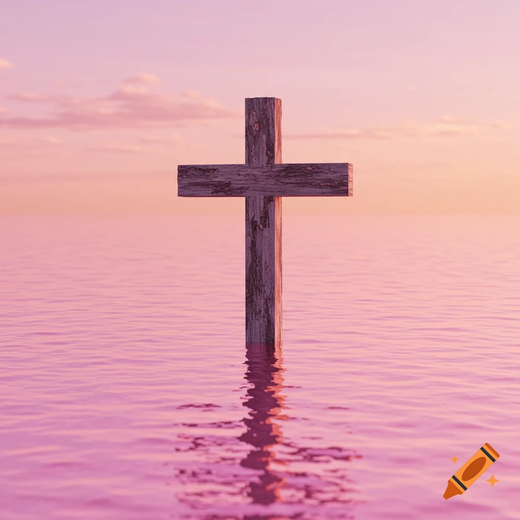 A wooden cross stands in calm pink water under a pastel pink and orange sky.