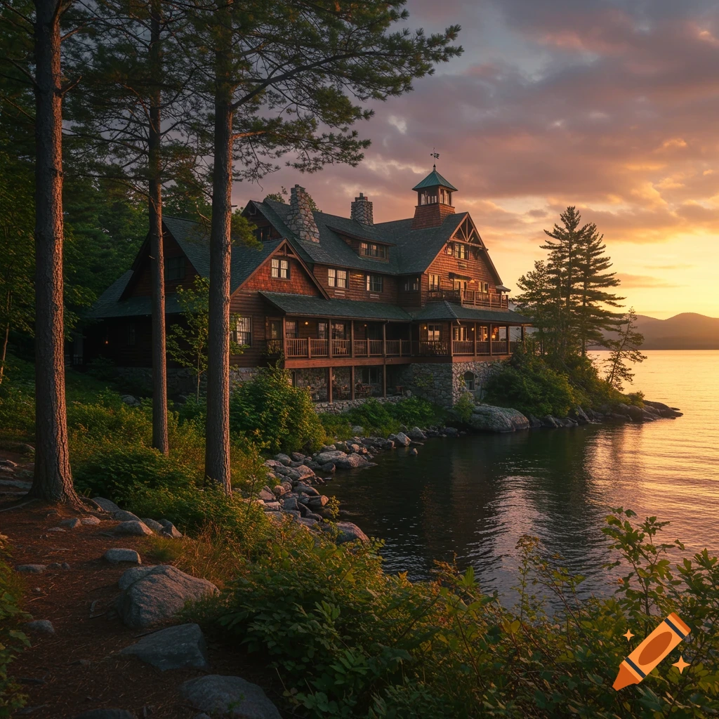 A large wooden lodge stands on a rocky lakeshore at sunset, surrounded by trees, mountains in the distance. Photorealistic.