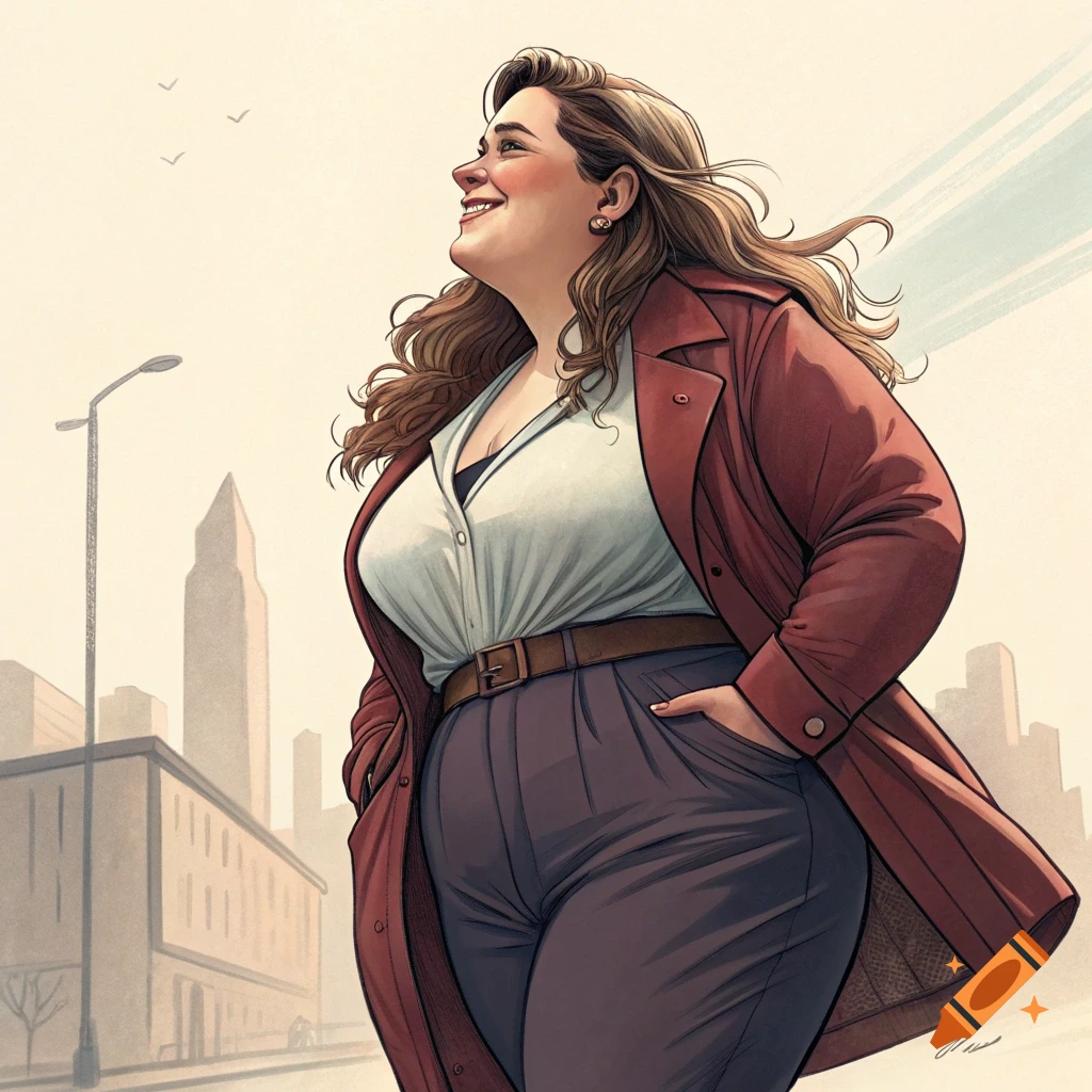 A smiling woman in a red coat looking up in a city.