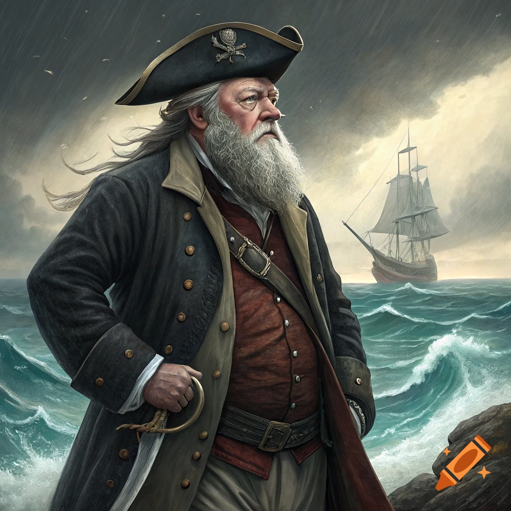 A man dressed as a pirate, possibly Winston Churchill, stands on a shore looking out at a stormy sea with a ship.