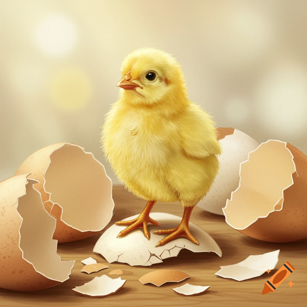 A fluffy yellow chick stands on a broken eggshell, surrounded by other shells in a digital illustration.