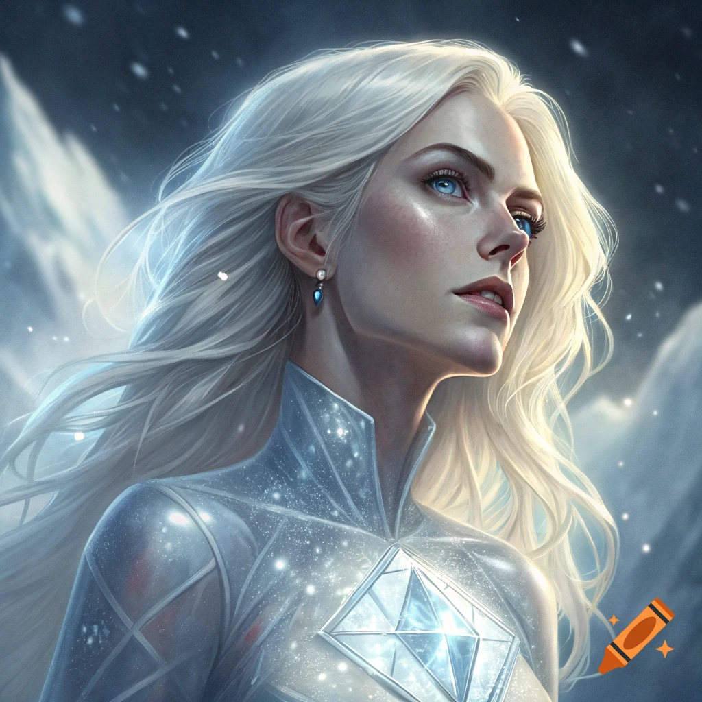 Woman with long white hair and blue eyes in a shimmering white suit with a diamond emblem in a snowy environment.
