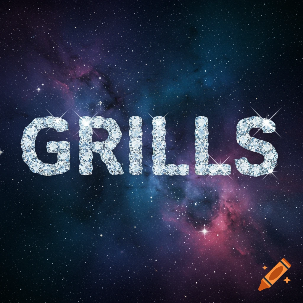 The word GRILLS spelled out in diamonds against a starry cosmic background.