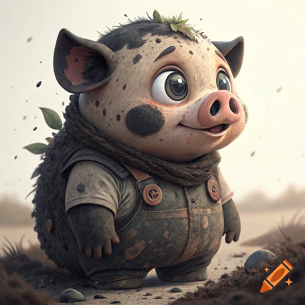 A cute muddy cartoon pig in overalls and scarf stands on a dirt road.