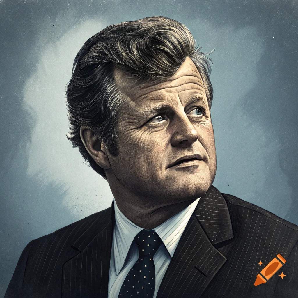 Illustration of Ted Kennedy in a suit, looking to the side.