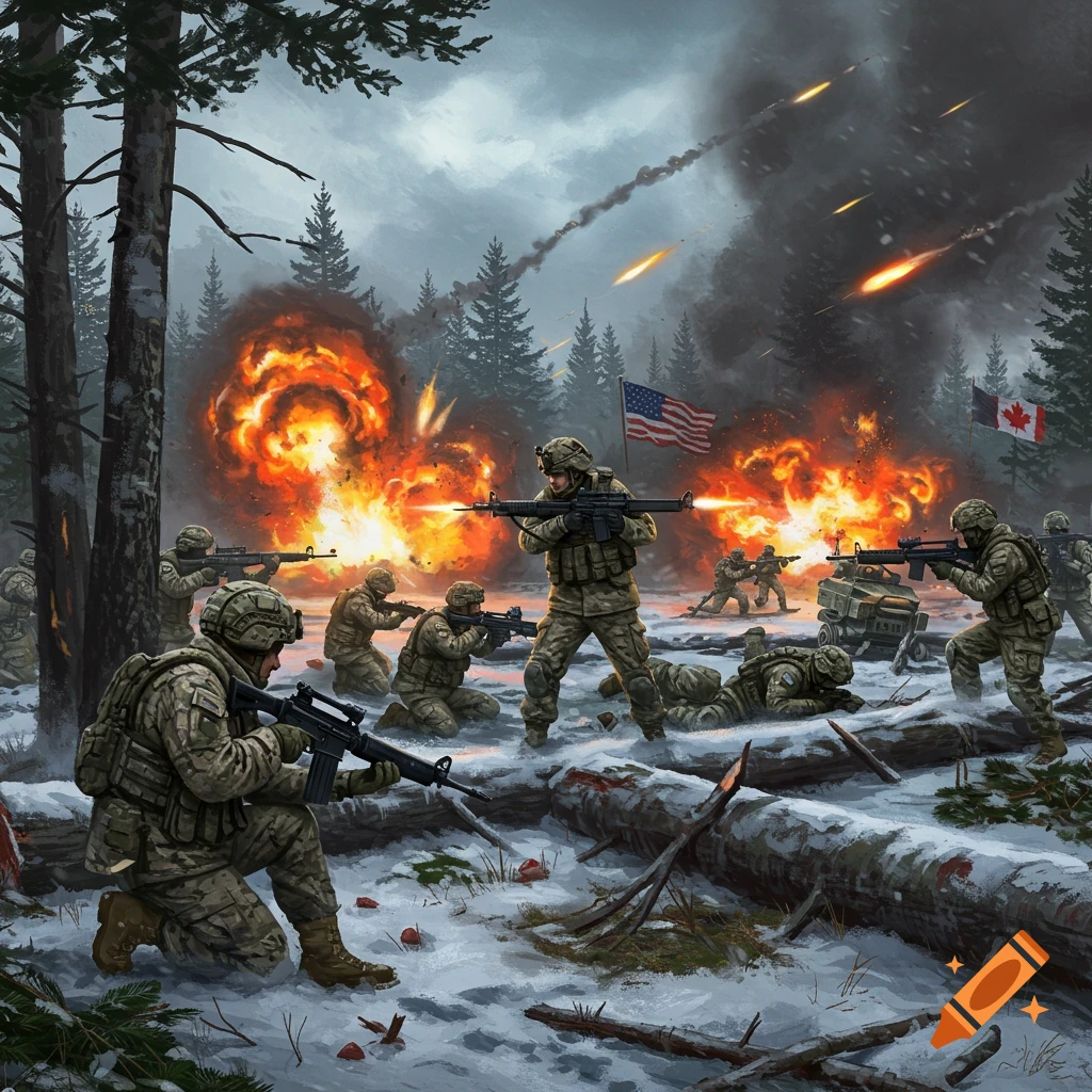 US and Canadian soldiers in a snowy forest battle with explosions