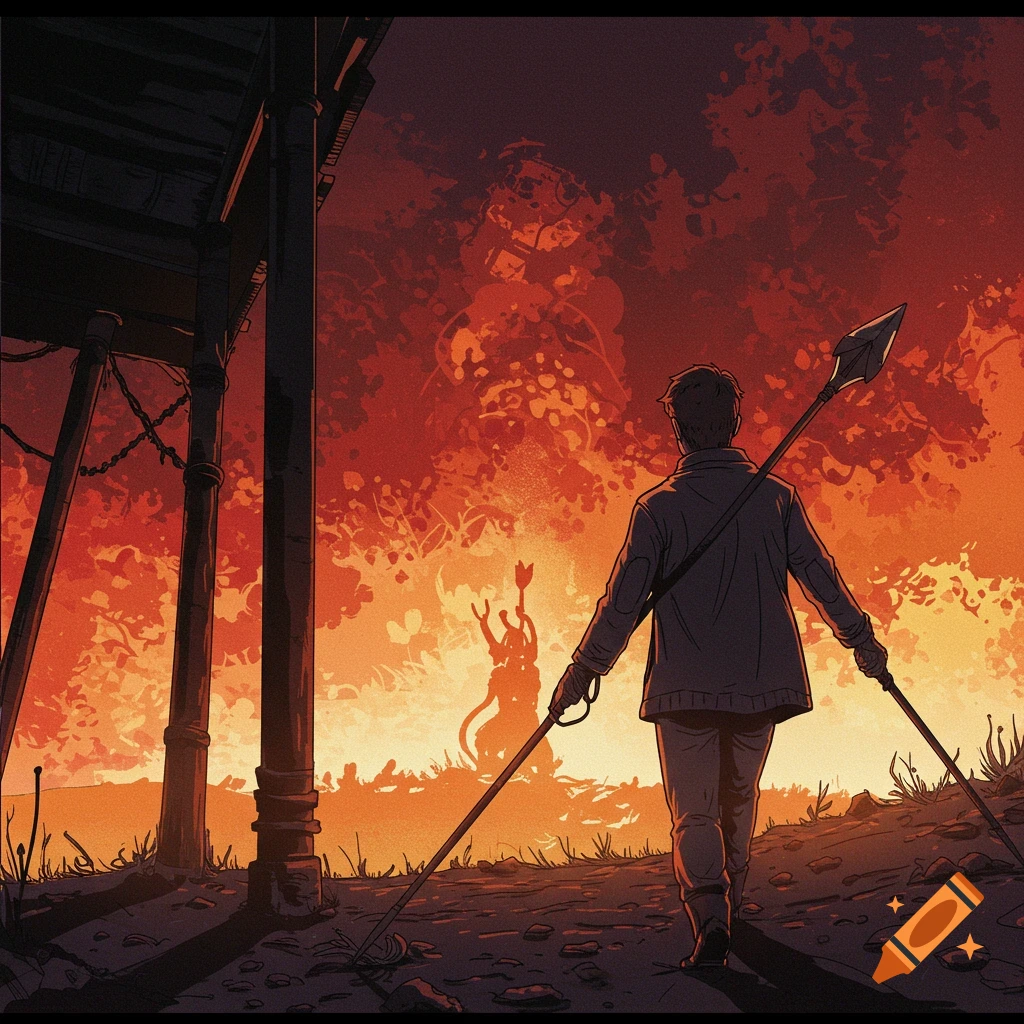A figure with spears faces a silhouette creature against a fiery sky in graphic novel style.