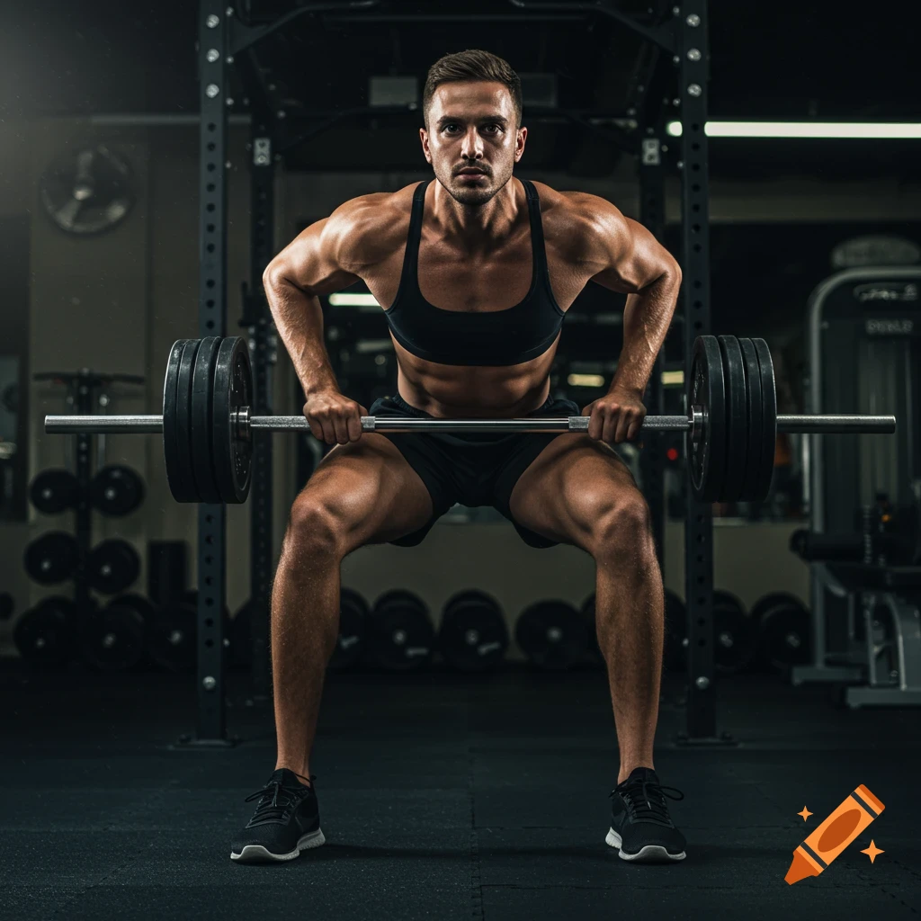 Muscular man lifting a barbell in a gym, cinematic style.