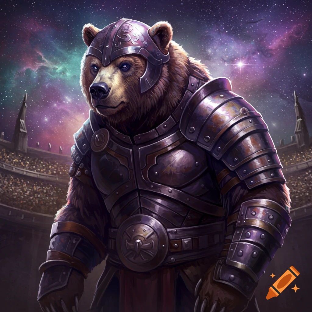 A bear in ornate armor stands in a gladiator arena under a starry space sky.