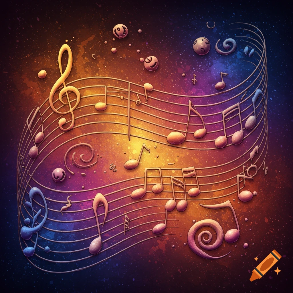 A curved musical staff with colorful notes and symbols against a vibrant, starry background.