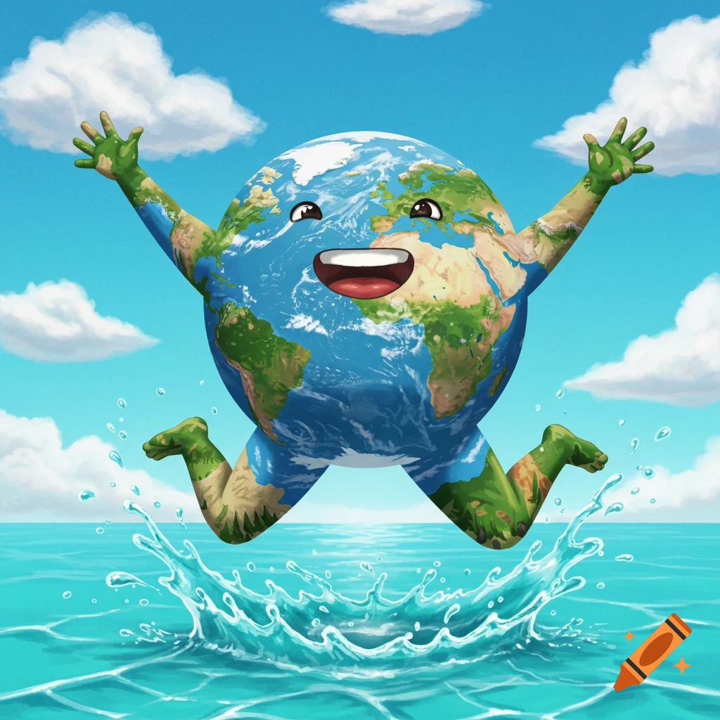 Happy cartoon Earth character jumping out of water, splashing.