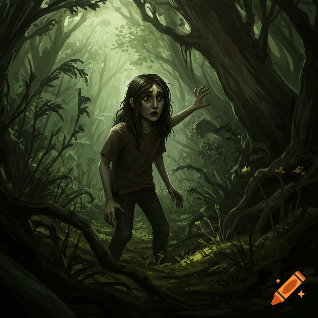 A frightened person stands in a dark, overgrown forest.
