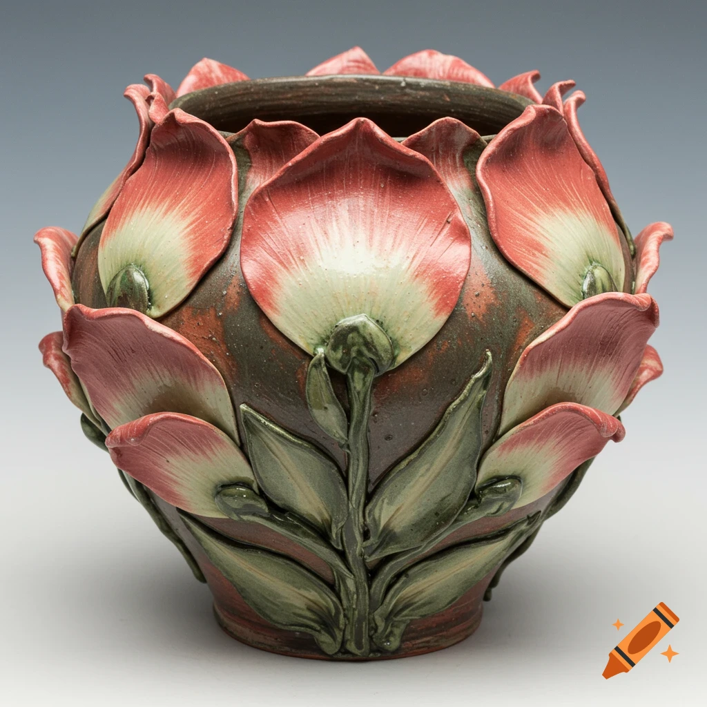 A ceramic vase sculpted and glazed to resemble a pink and green flower blossom.