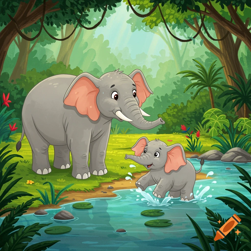 Cartoon illustration of a mother elephant watching her baby elephant splash in a jungle river.