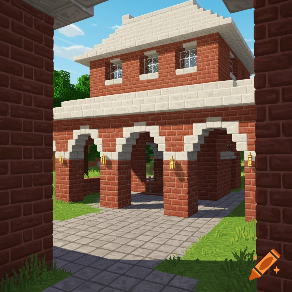 A house in the style of Minecraft, made of brick with a white roof, archways, and a courtyard.