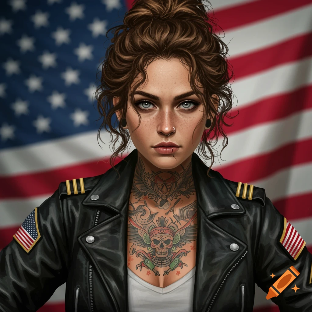 A woman with tattoos and a messy bun wearing a leather jacket in front of an American flag.