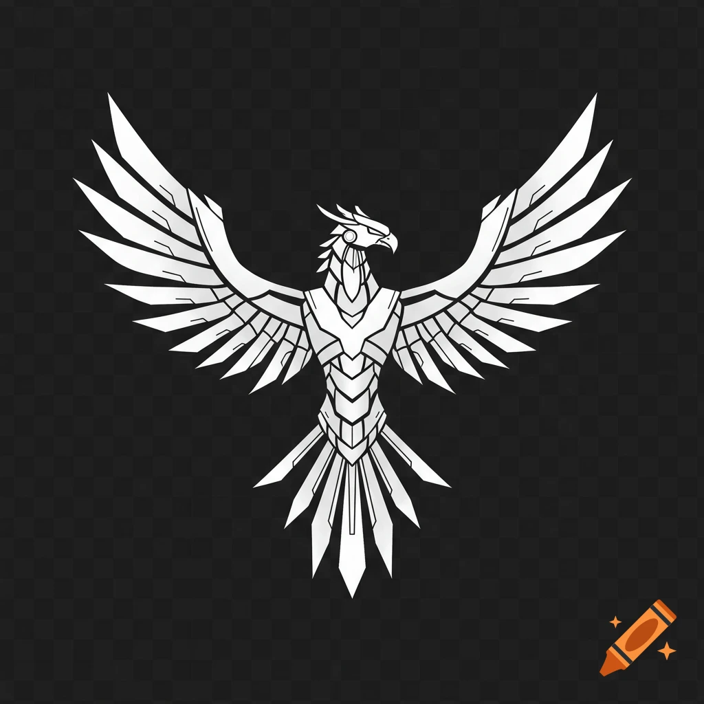 A white geometric logo of a robotic phoenix with outstretched wings on a dark background.