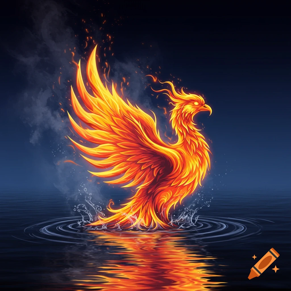 A stylized phoenix made of flames rises from dark water, splashing and steaming.