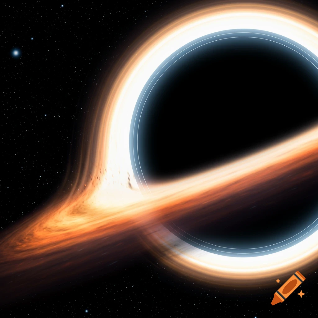 Illustration of a supermassive black hole with a glowing accretion disk in space.