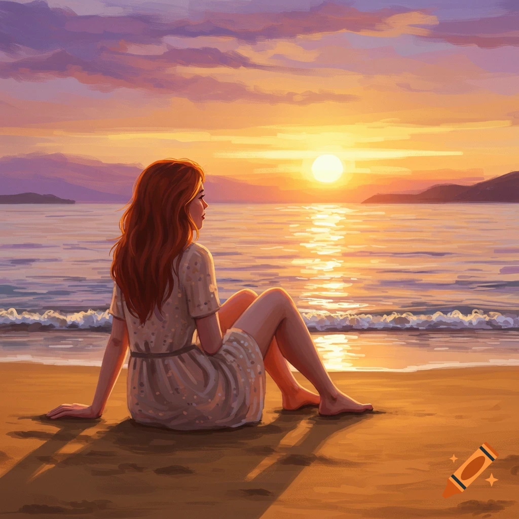 A woman sits on a beach and watches the sunset.