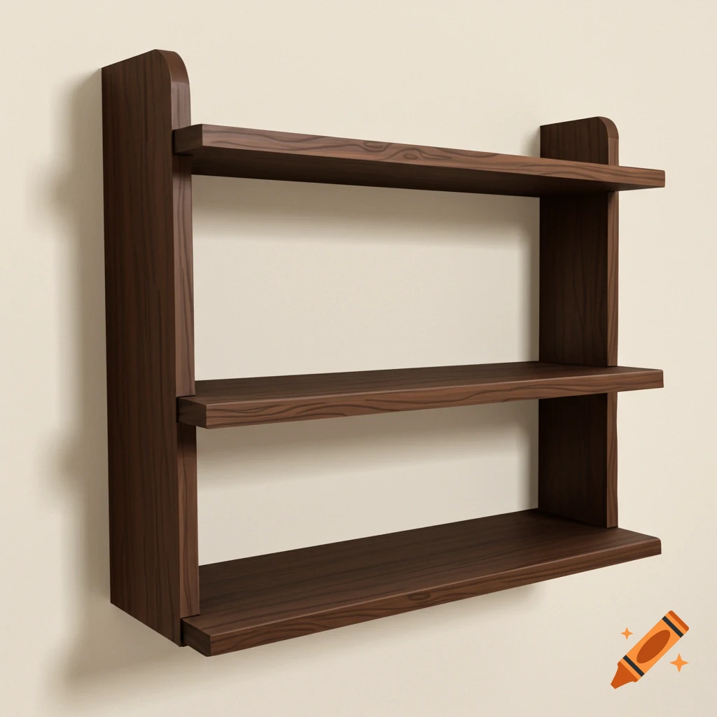 A 3-tier dark wood shelf mounted on a light wall.