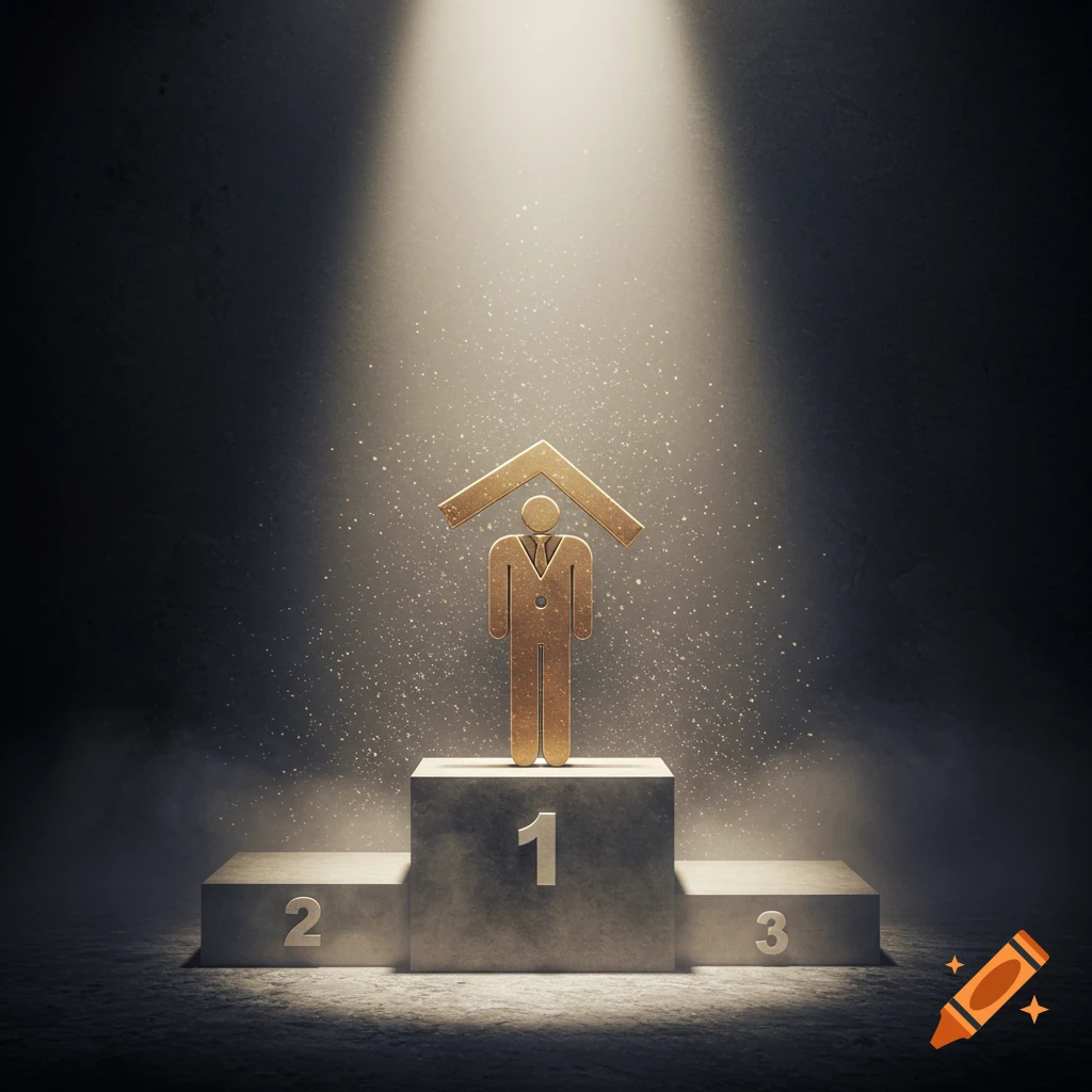 Golden stylized person icon on a podium under a spotlight with particles and fog.
