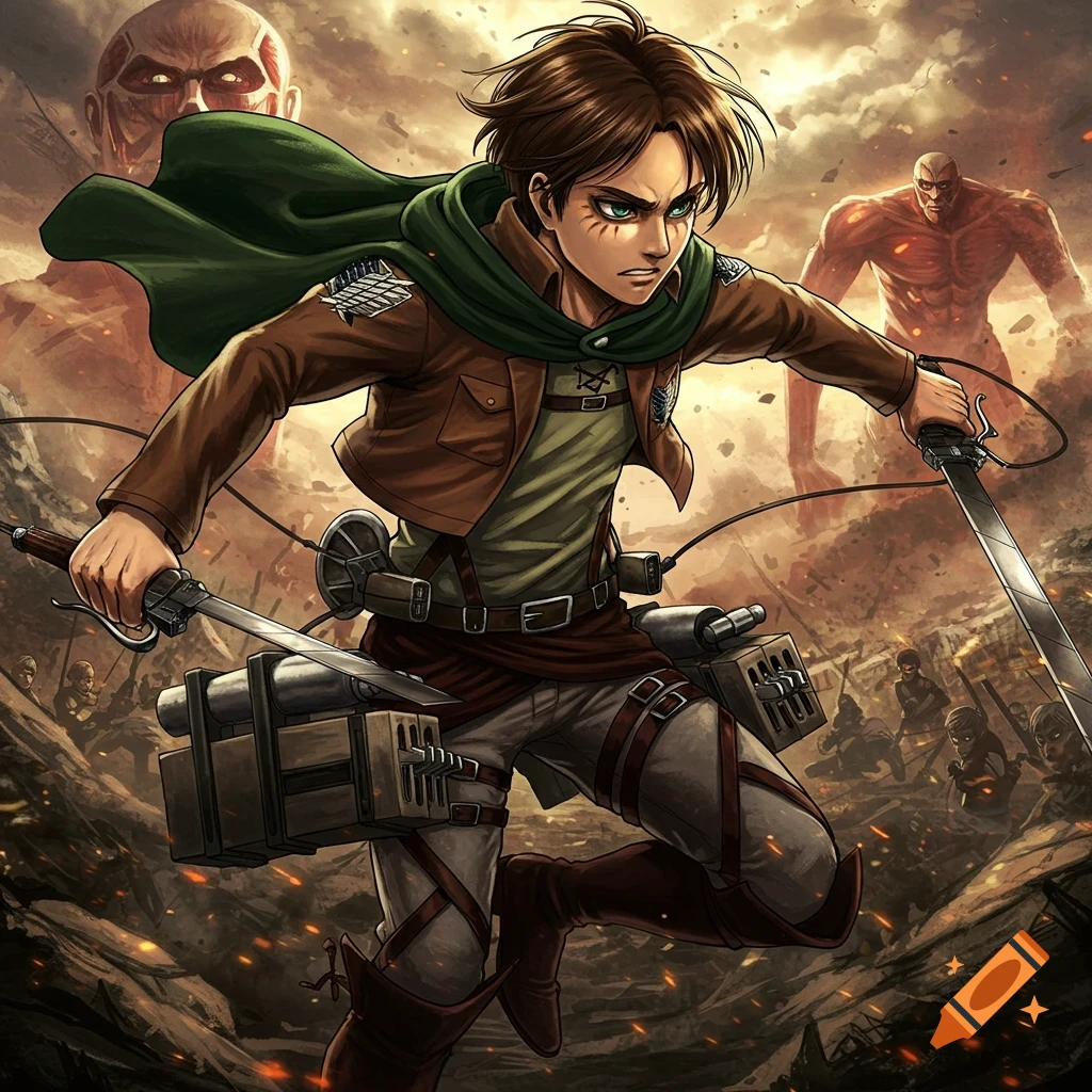Anime illustration of Eren Yeager with swords and ODM gear fighting titans on a battlefield