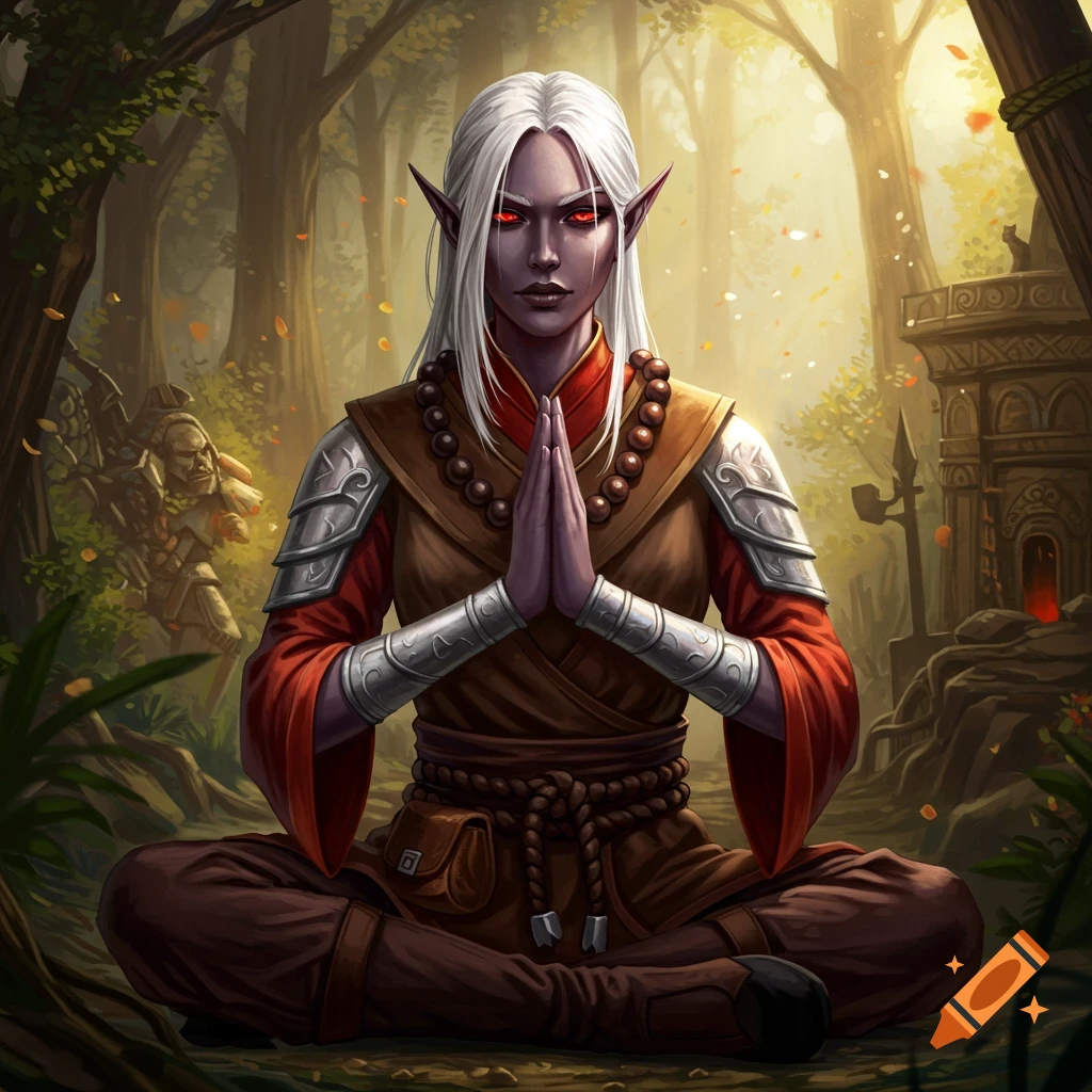 A female drow monk with silver hair and red eyes meditating in a forest.