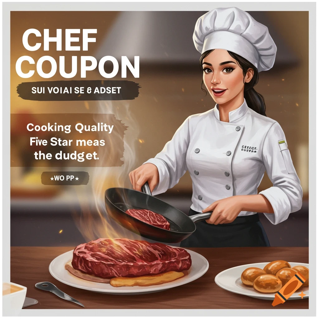 Chef Coupon profile photo lady chef cooking steak on Craiyon