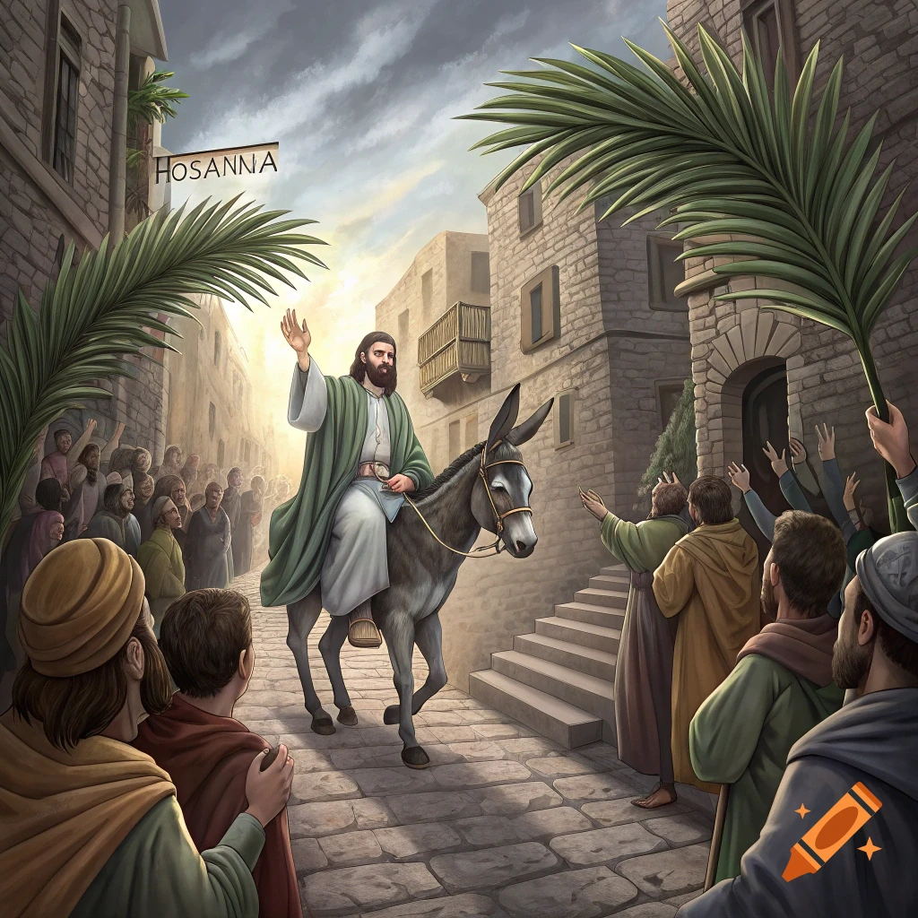 Illustration of Jesus riding a donkey into a city street greeted by a crowd with palm branches and a 'Hosanna' banner.