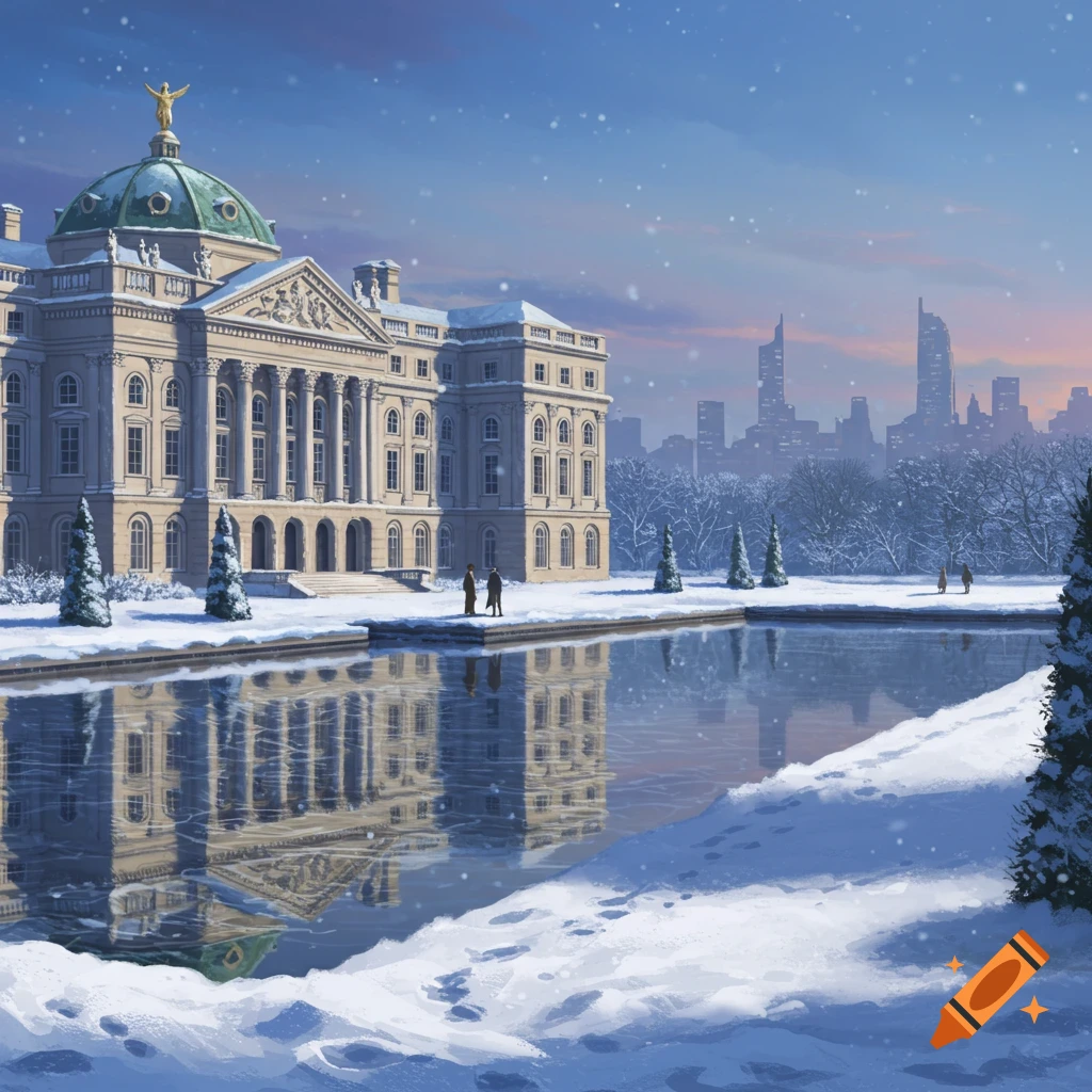 A majestic palace in a winter landscape, reflected in a frozen pool with distant city skyline.